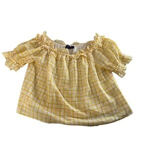 Tommy Hilfiger Women's Yellow Plaid Off Shoulder Ruffle Top Size Large Boho Chic